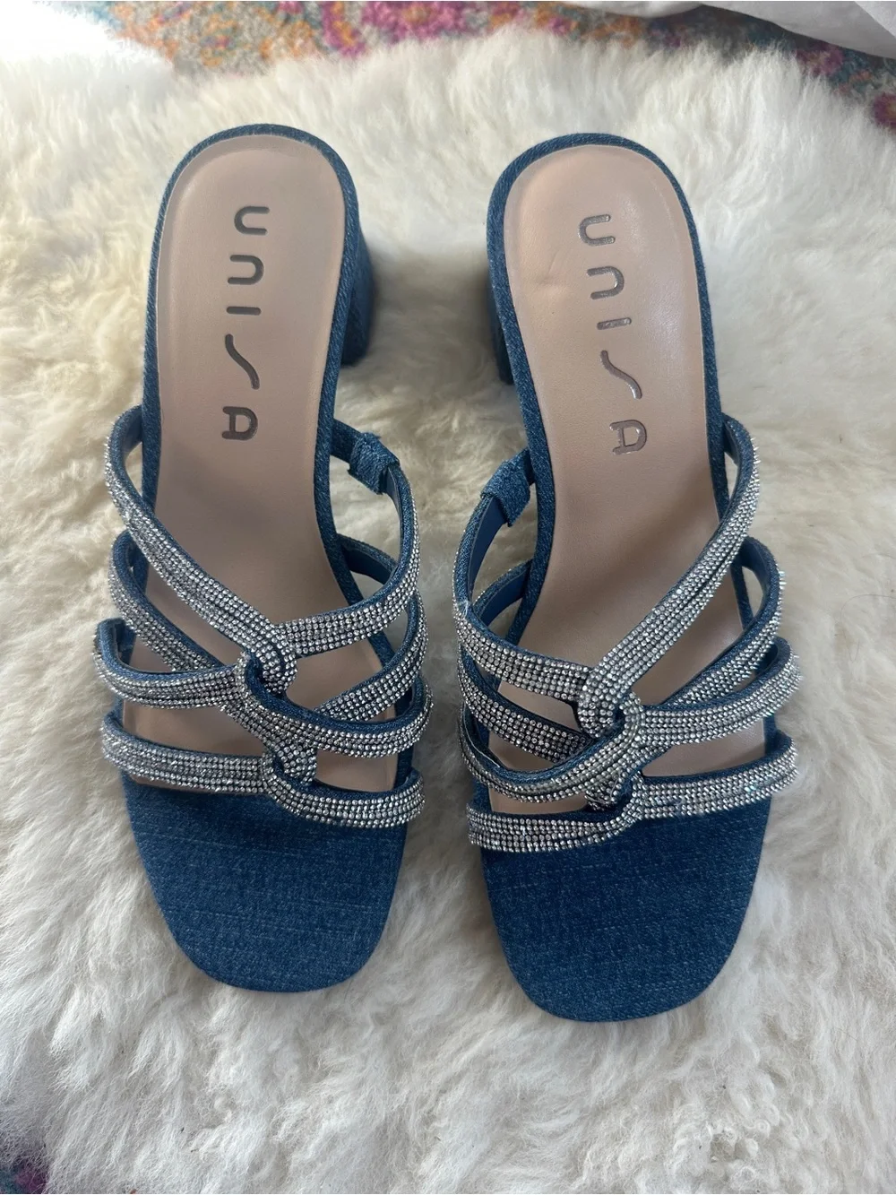 Unisa Denim Rhinestone Sandals Womens 7 Blue Block Heel Open Toe New